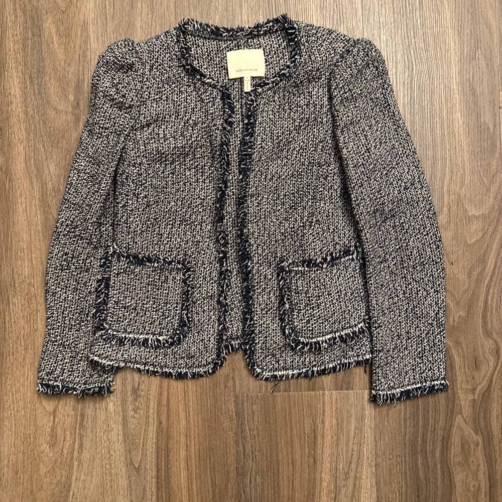 Rebecca Taylor Navy and White Tweed Fringed Jacket